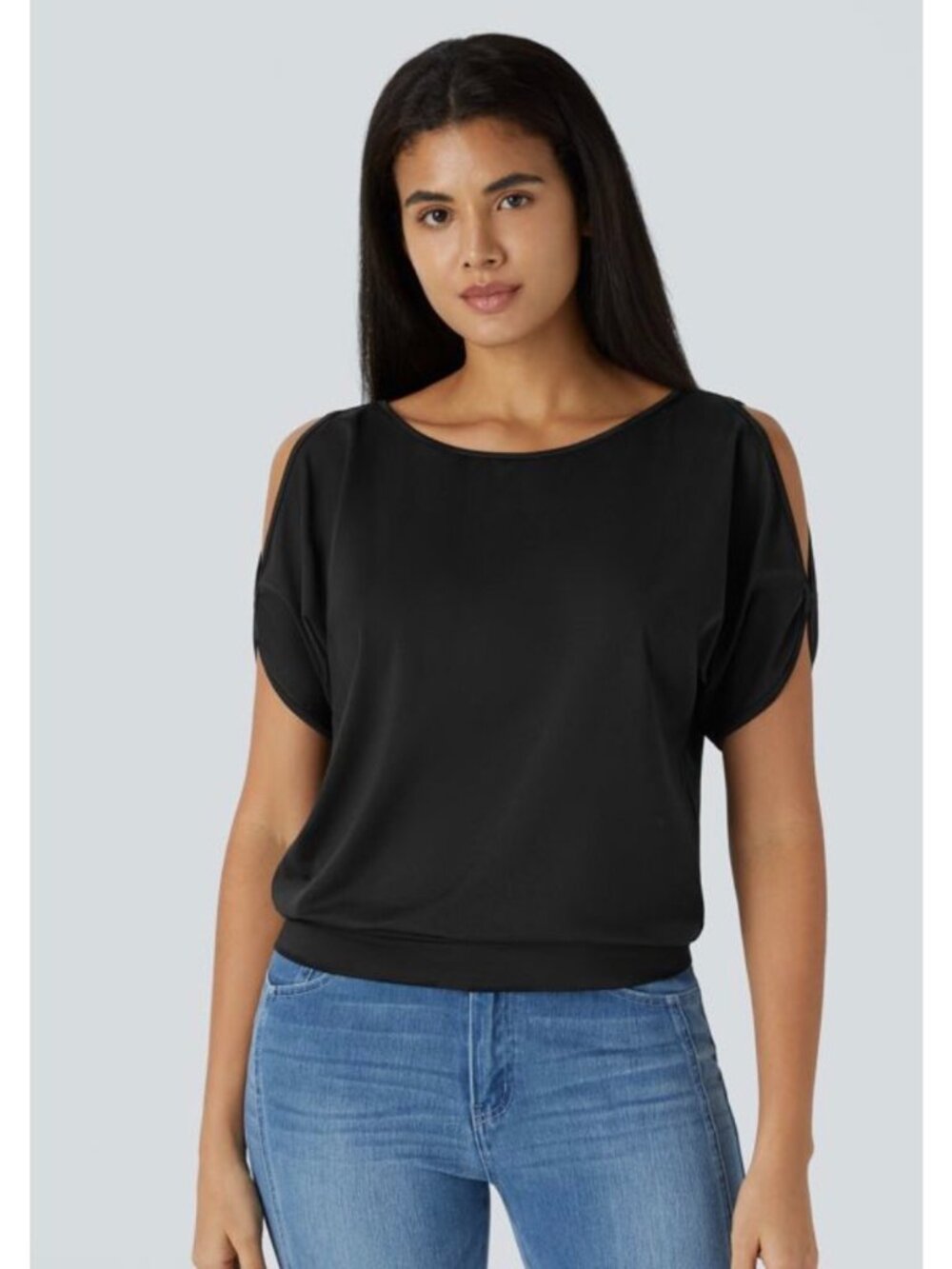 Halara L Boat Neck Black Short Sleeve Cut Out Casual Top Size L